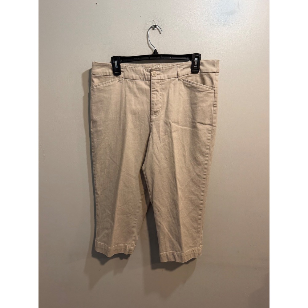St John's Bay Womens Khaki Crop Pants Tan Cotton Stretch Straight Leg Size 12
